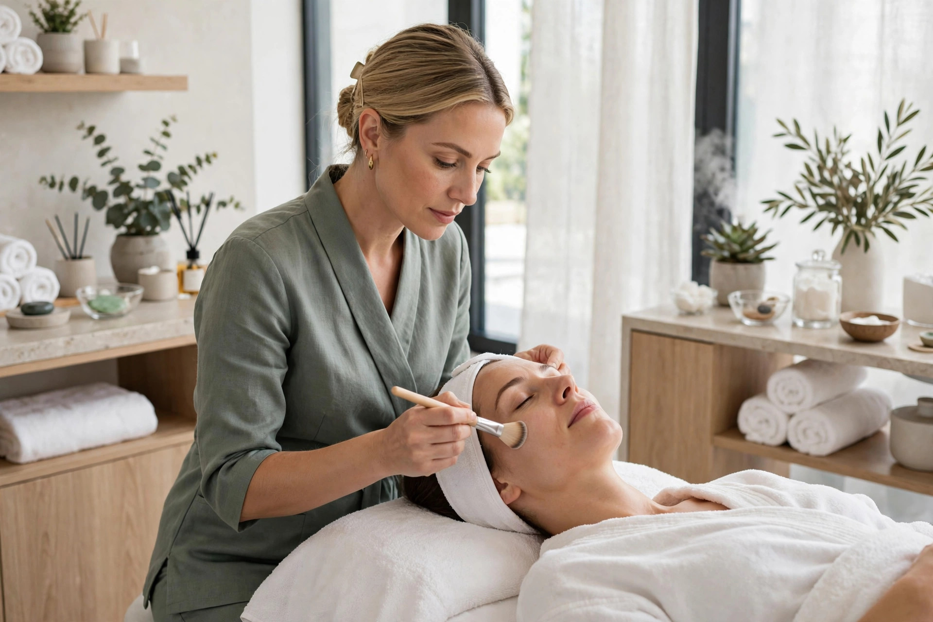Aesthetician performing a relaxing facial treatment on a client
