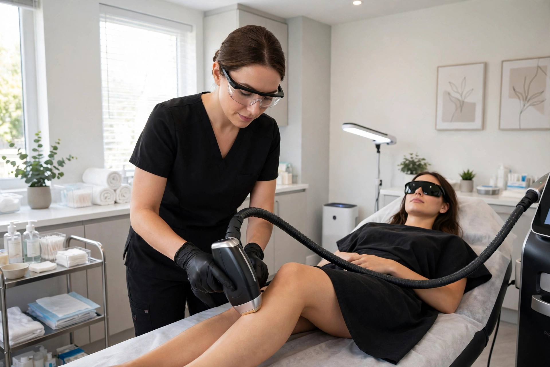 Laser hair removal device being used in a clinical spa setting